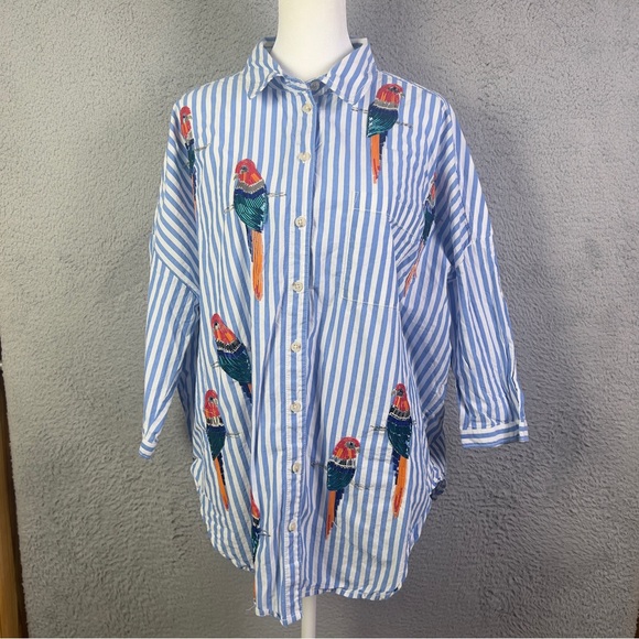Maeve Tops - Maeve Parrot Button Down Shirt Womens XS / S Blue White Striped Sequin Oversized